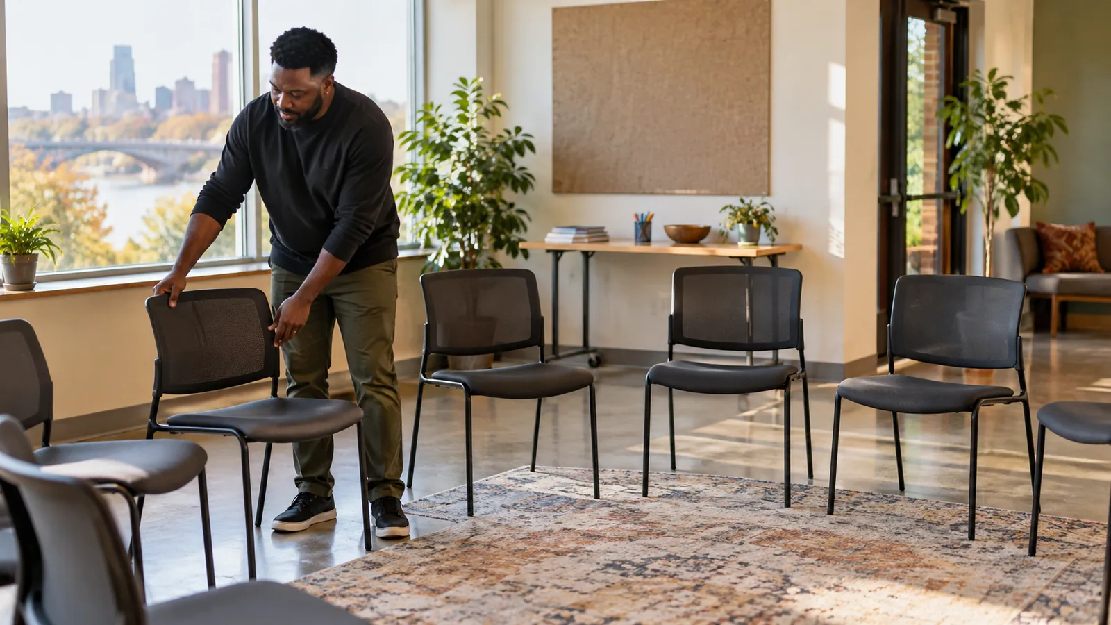A facilitator arranges chairs for a participatory conversation.