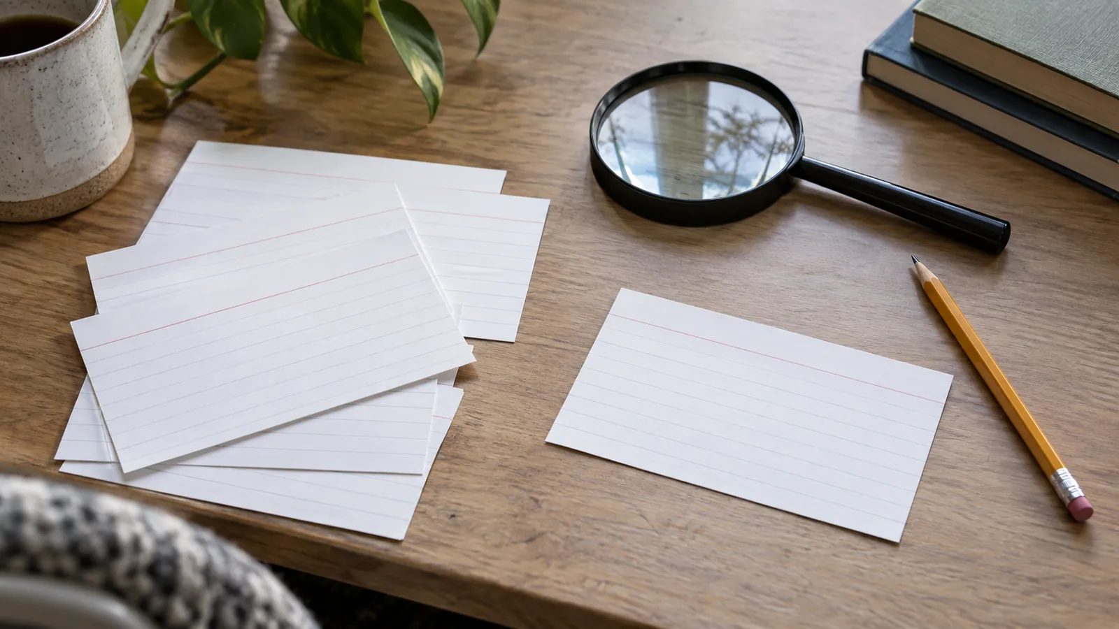 Blank index cards and a pencil are arranged on a worktable.