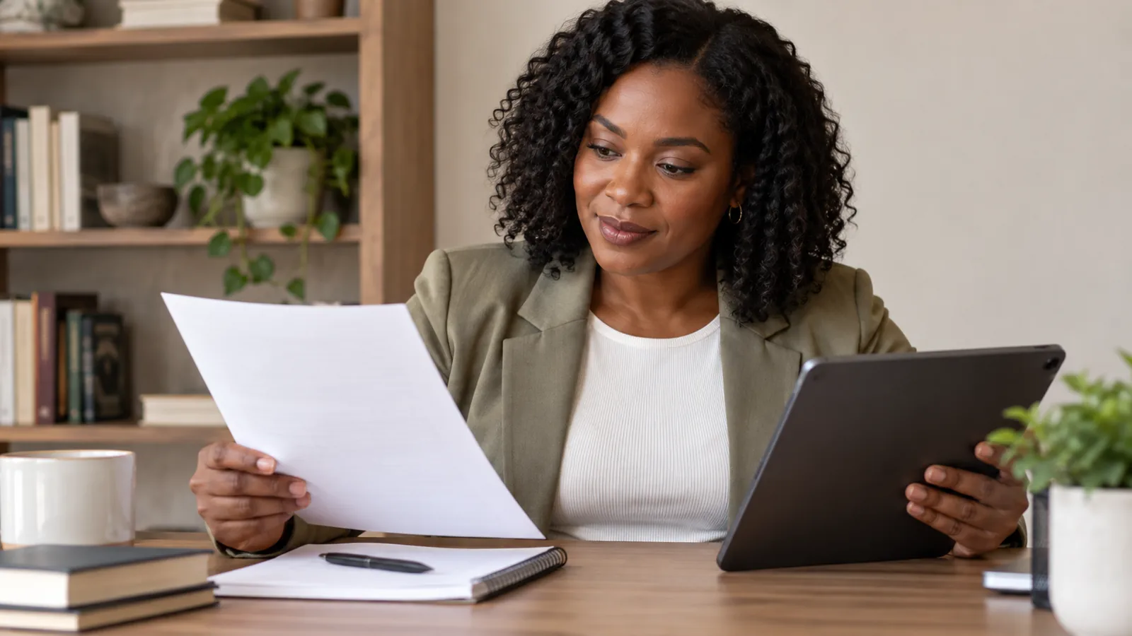A communications professional compares a document with a tablet in a quiet office.