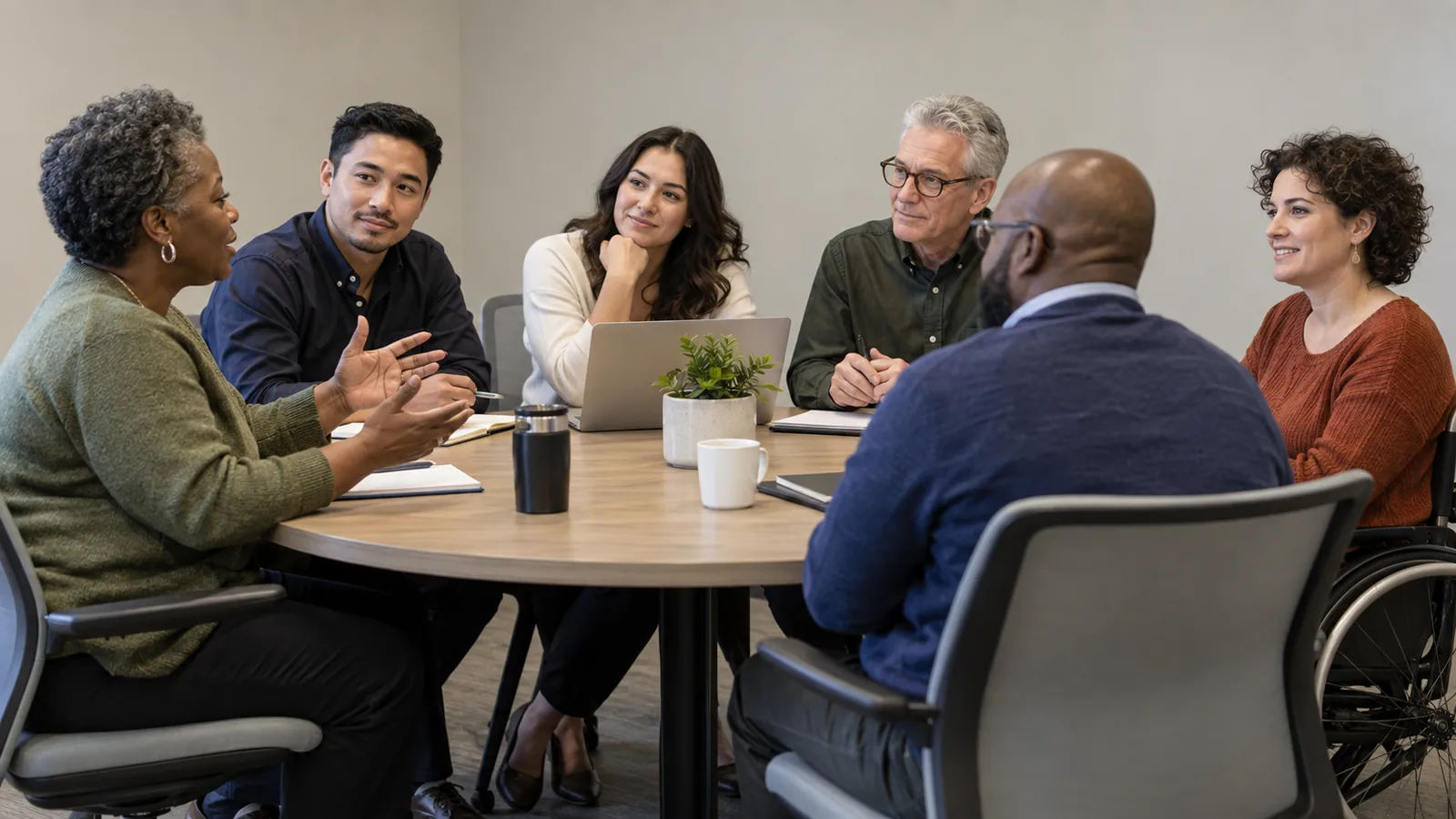 Colleagues of varied backgrounds share a roundtable discussion.