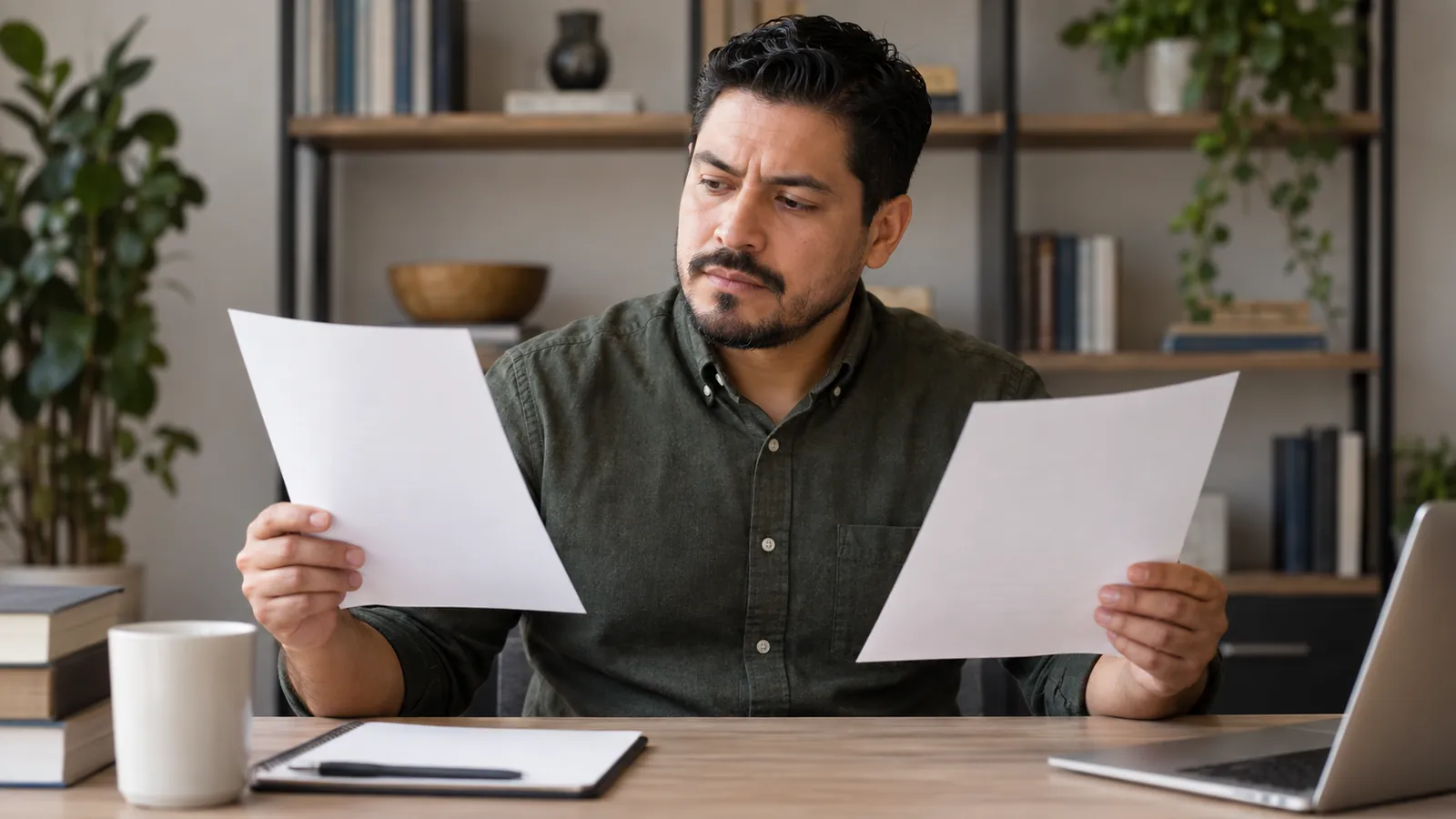 A policy analyst compares two draft pages at his desk.