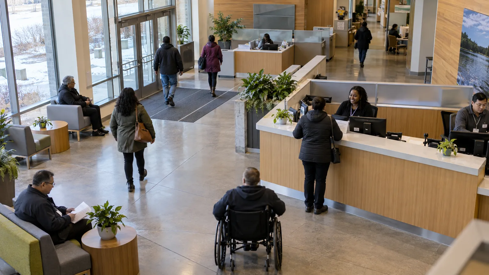 People move through a welcoming, accessible civic reception area.