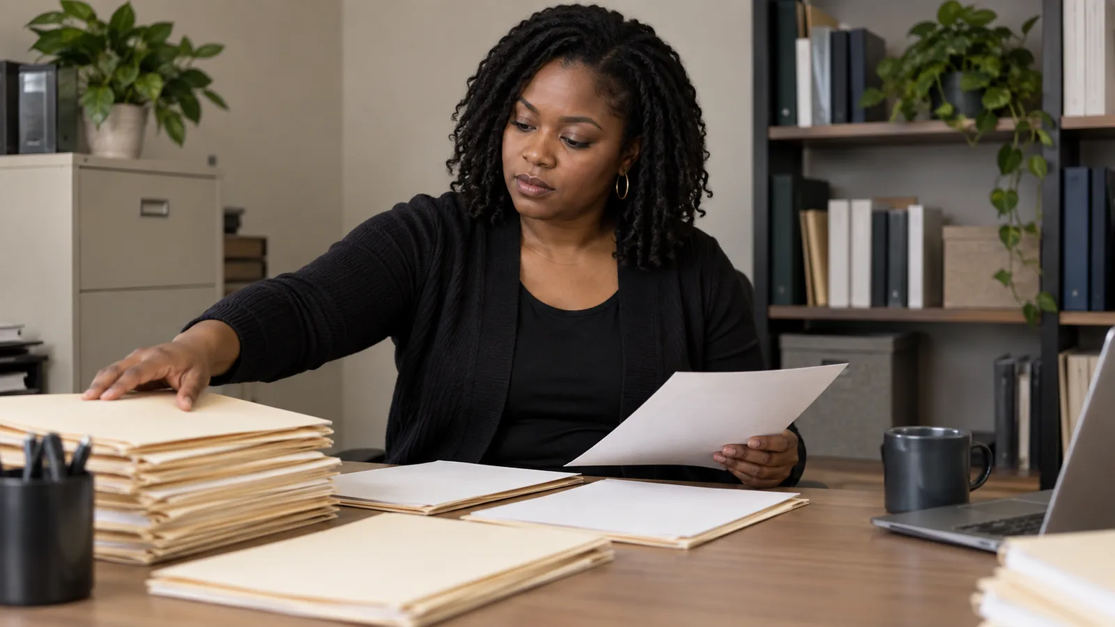 A records analyst organizes folders at a desk.