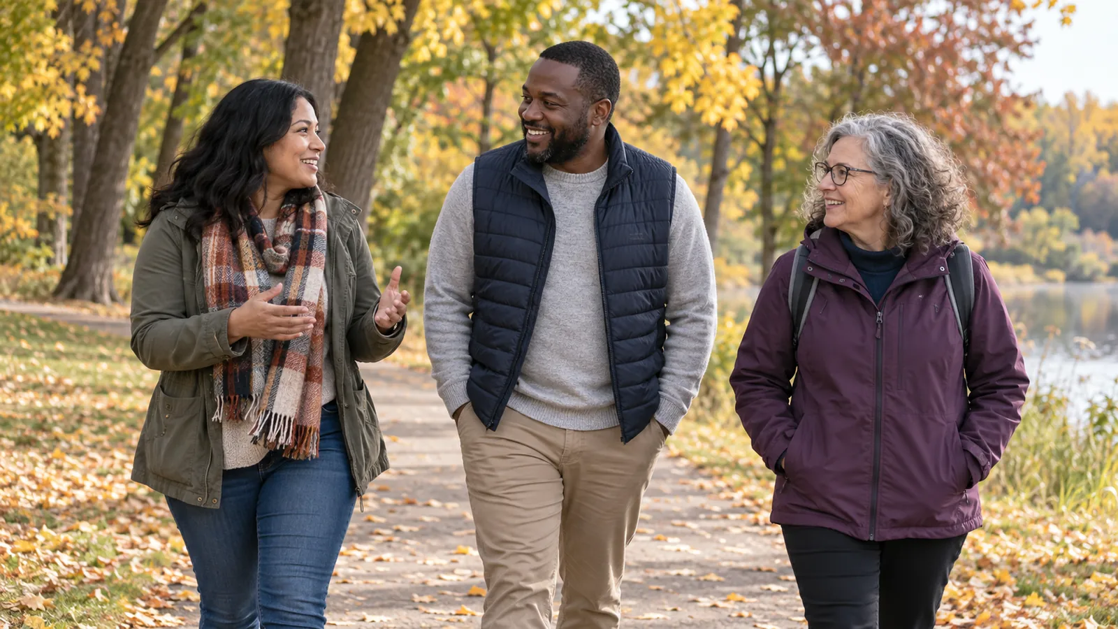 Three community partners talk while walking through a park.