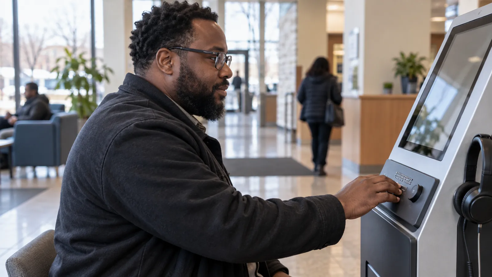 A technologist tests an accessible self-service kiosk in a public lobby.