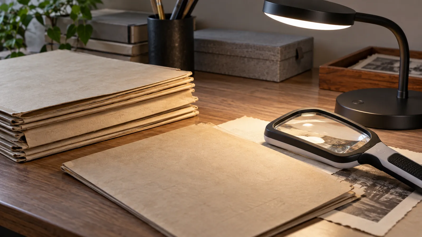 Archival folders and a magnifier rest on a reading table.