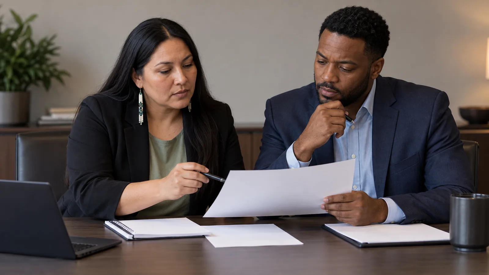 Two governance colleagues review a document together at a table.