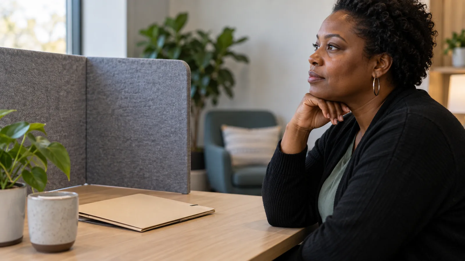 A staff member reflects at a private desk separated from the public area.