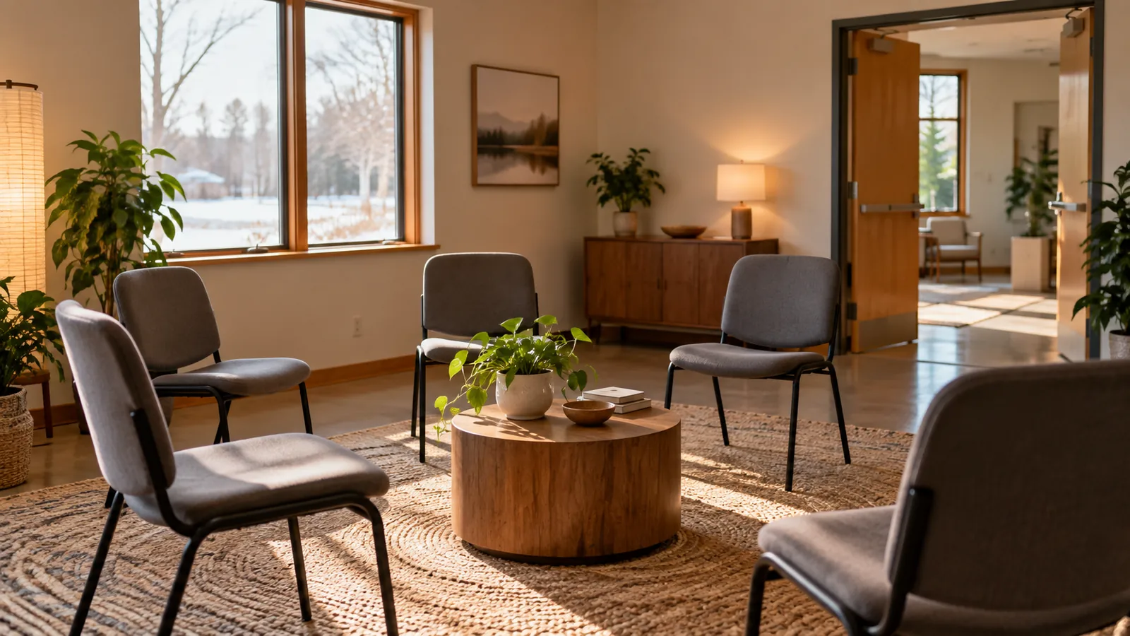 A quiet reflection room offers flexible seating and natural light.