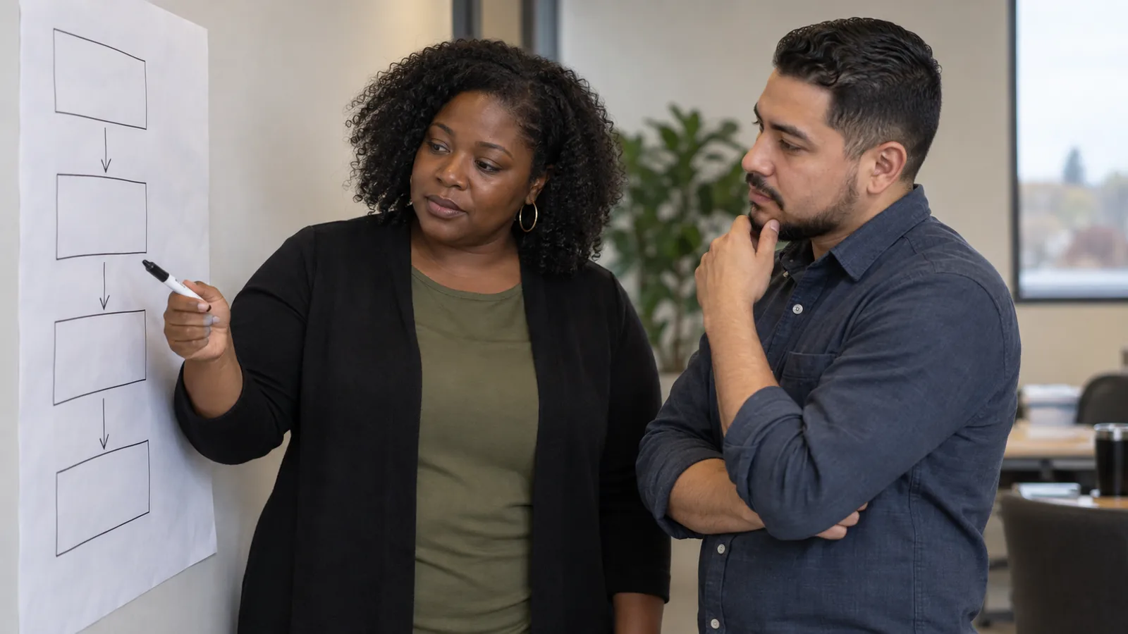 Two colleagues discuss a work process that needs repair.