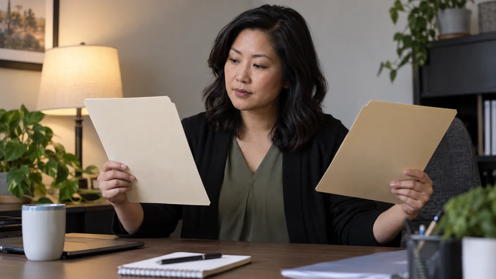 A professional weighs two unmarked folders before a decision.