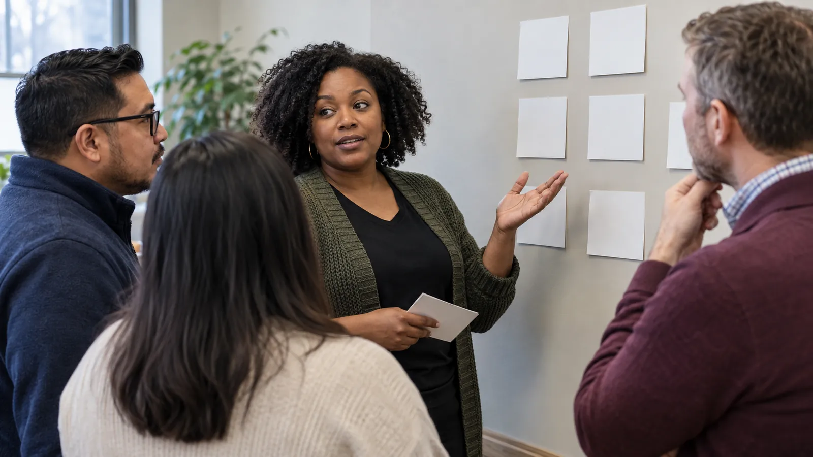 A facilitator helps colleagues explore an issue using blank cards.