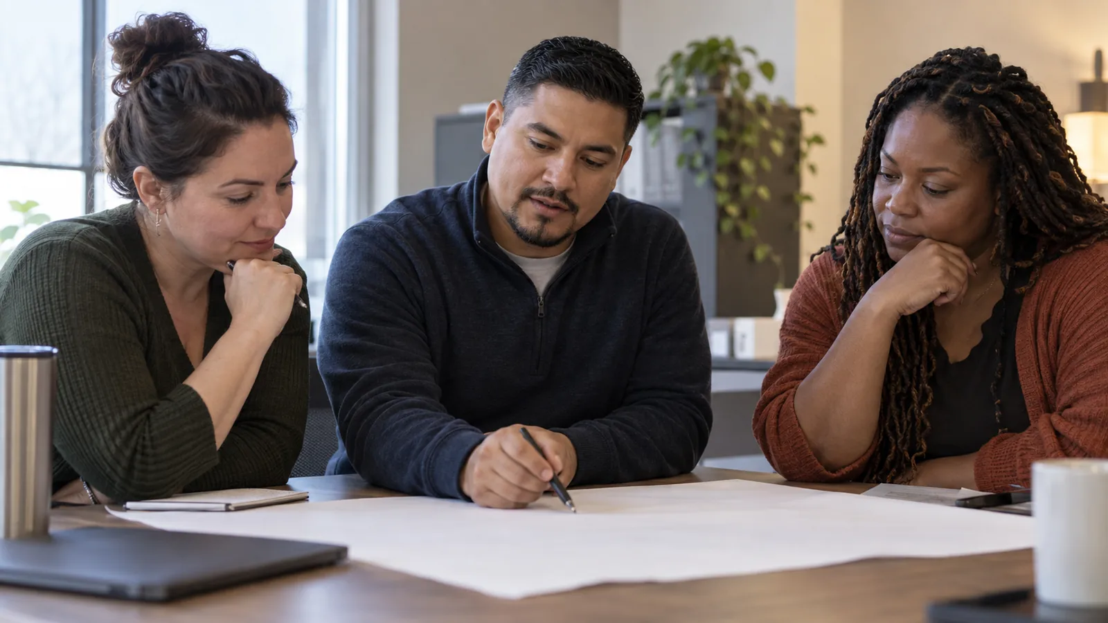 Colleagues reflect together over a planning sheet.