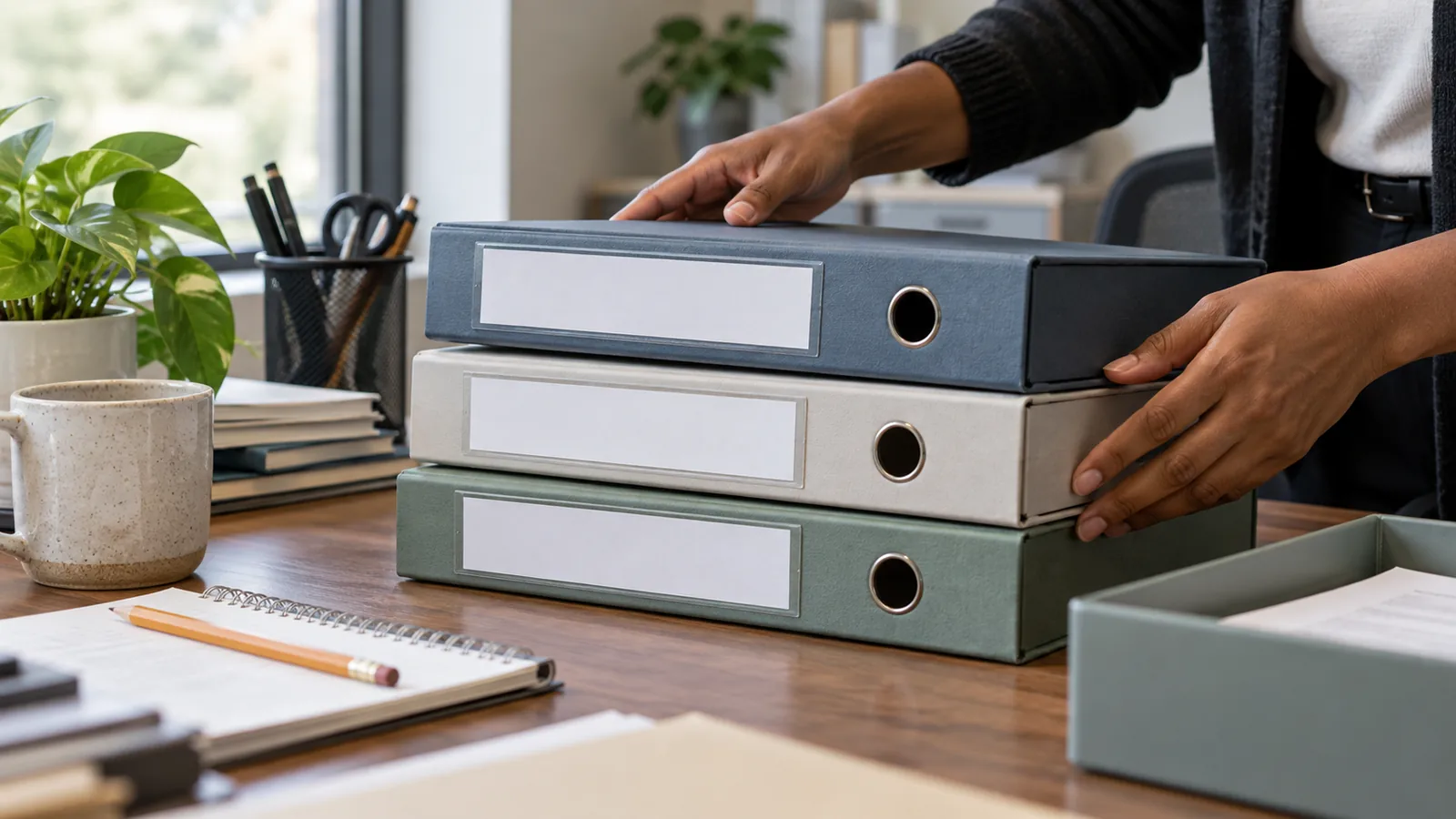 Colleagues organize unlabeled policy binders and notes at a table.