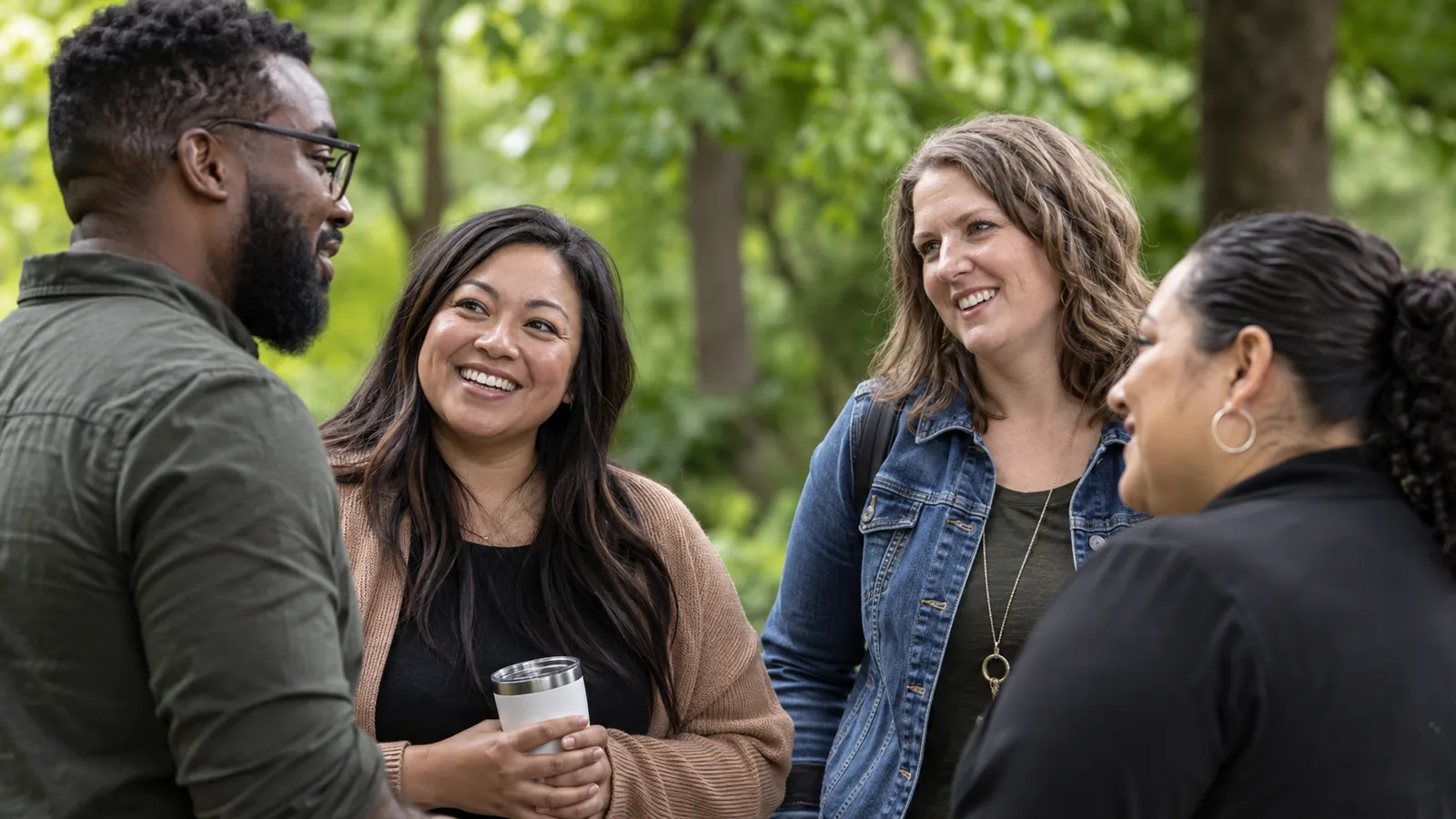 Coworkers from varied backgrounds share a casual outdoor conversation.