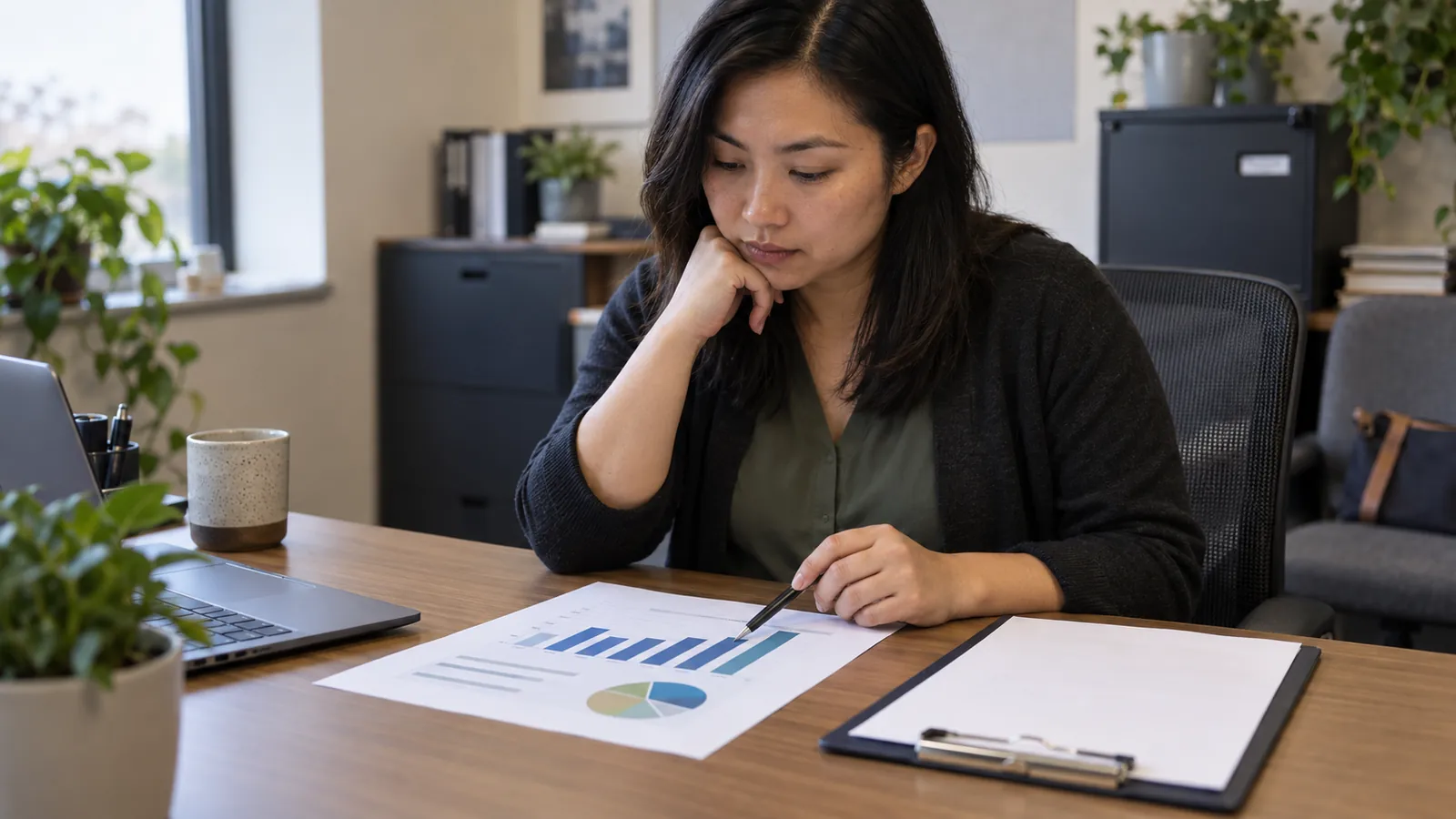 An analyst studies an unlabeled data chart at her desk.