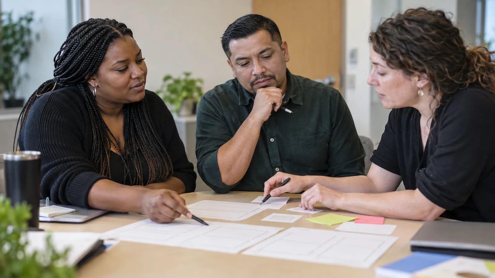 Three colleagues collaborate on a service design at a table.