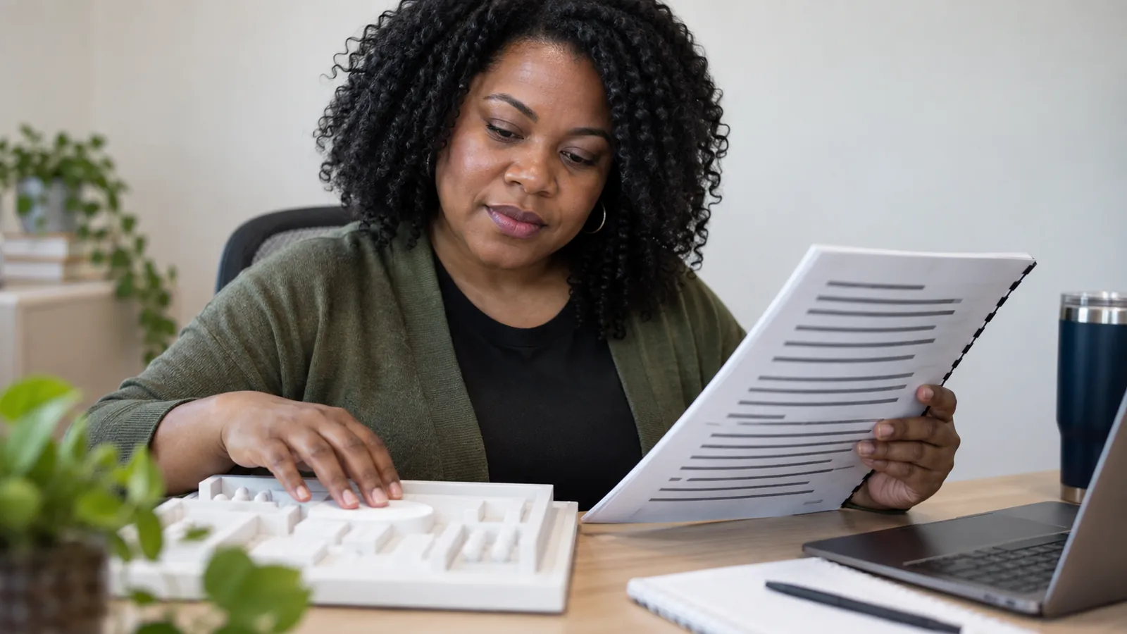 An instructional designer reviews a tactile learning material and document.