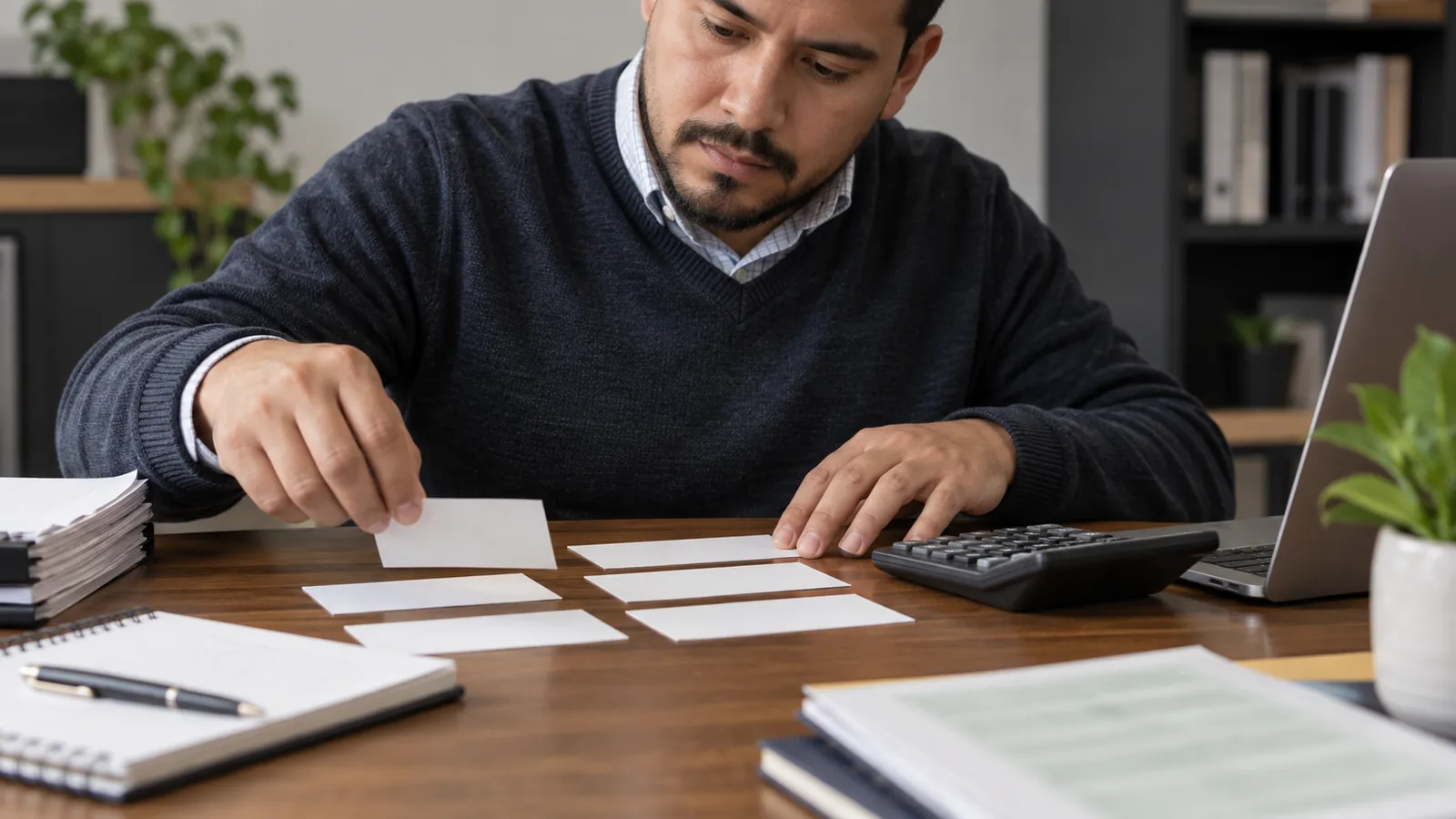 A fiscal analyst arranges blank planning cards beside a calculator.