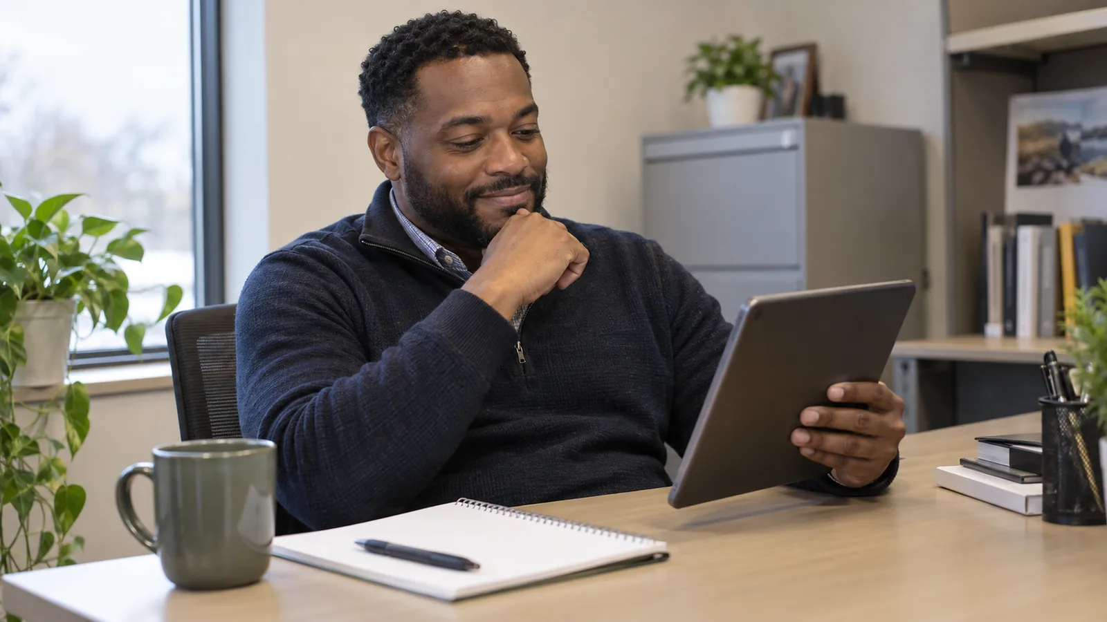 A staff member reflects while reviewing learning material on a tablet.