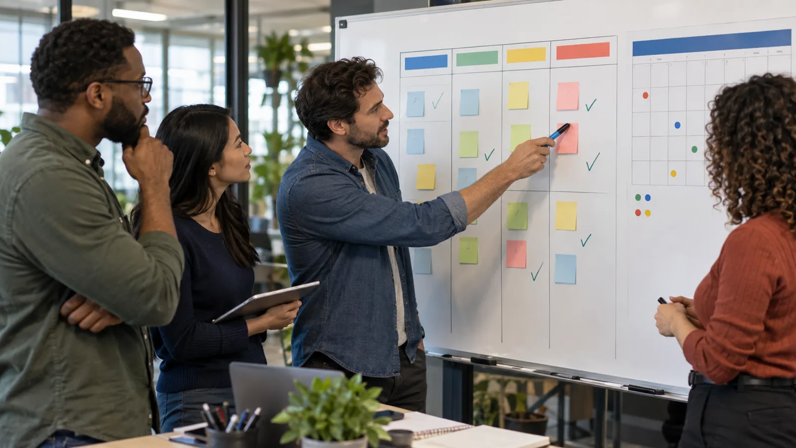 Photograph of colleagues in a scene of action plan follow through.