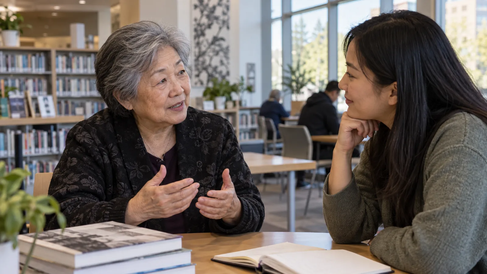 An older visitor speaks while a service navigator listens at a library table.