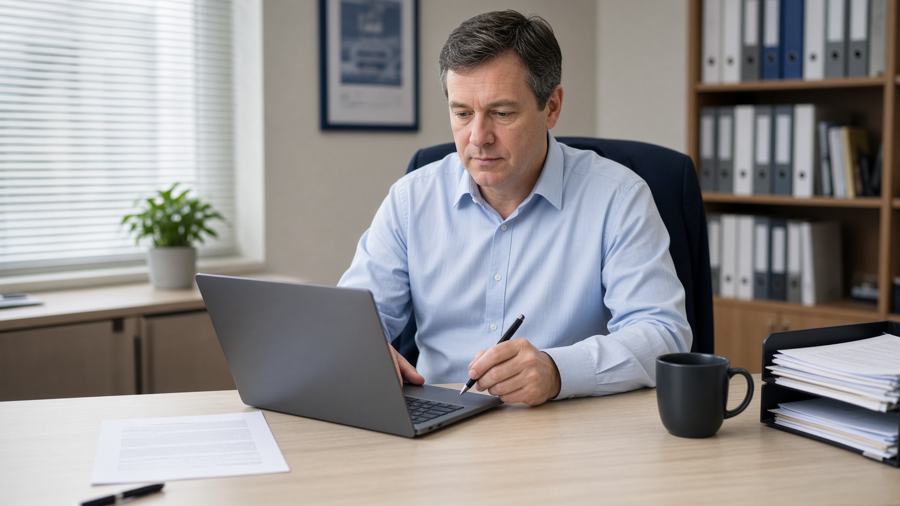 A man writes a job posting on a laptop.