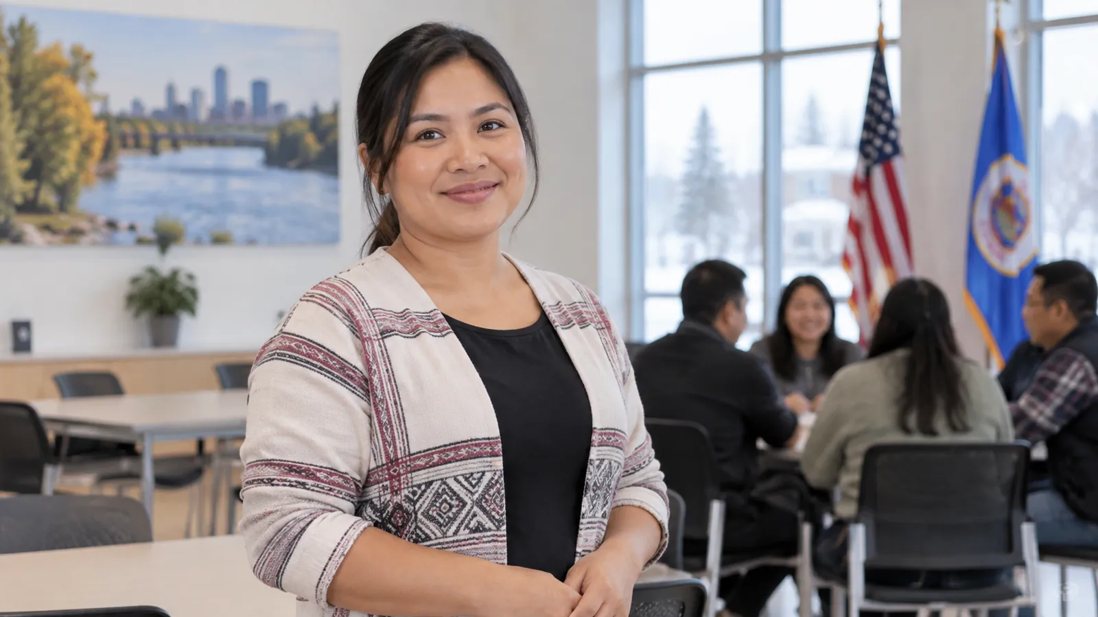 A professional stands in a welcoming public-service office.