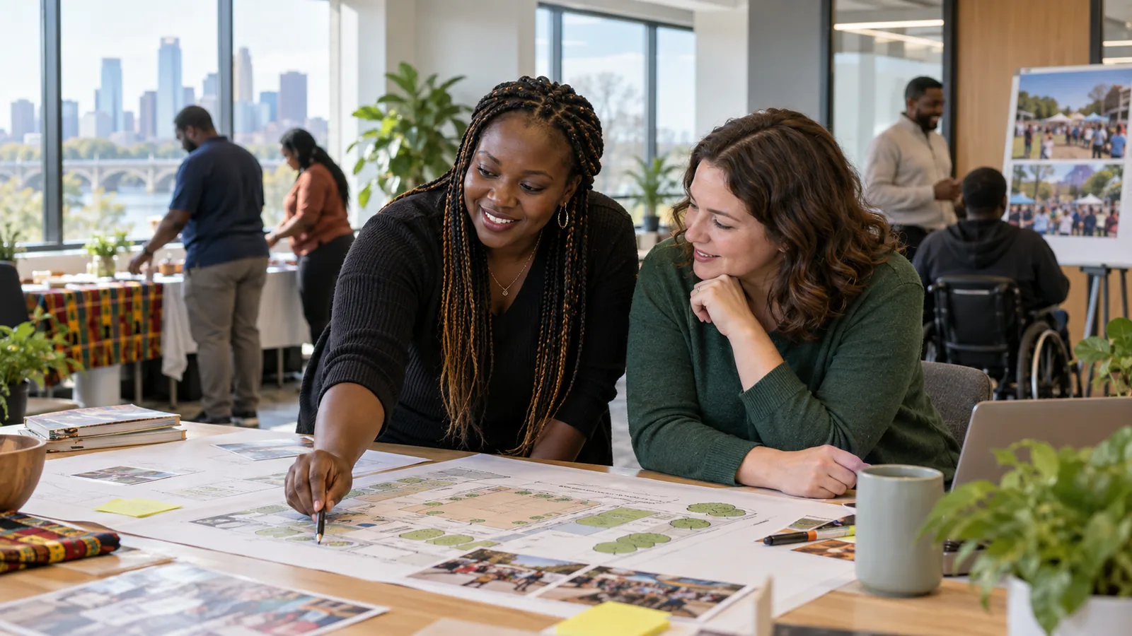 Two colleagues collaborate over service information at a table.