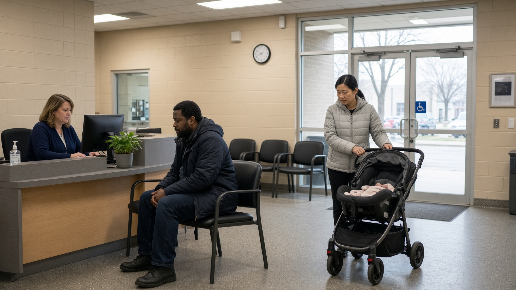 People wait in a human-services public lobby.
