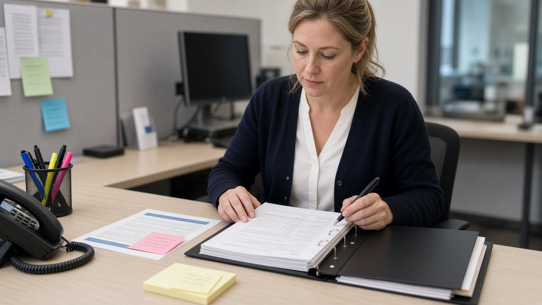 A woman works through a language-access plan at a desk.