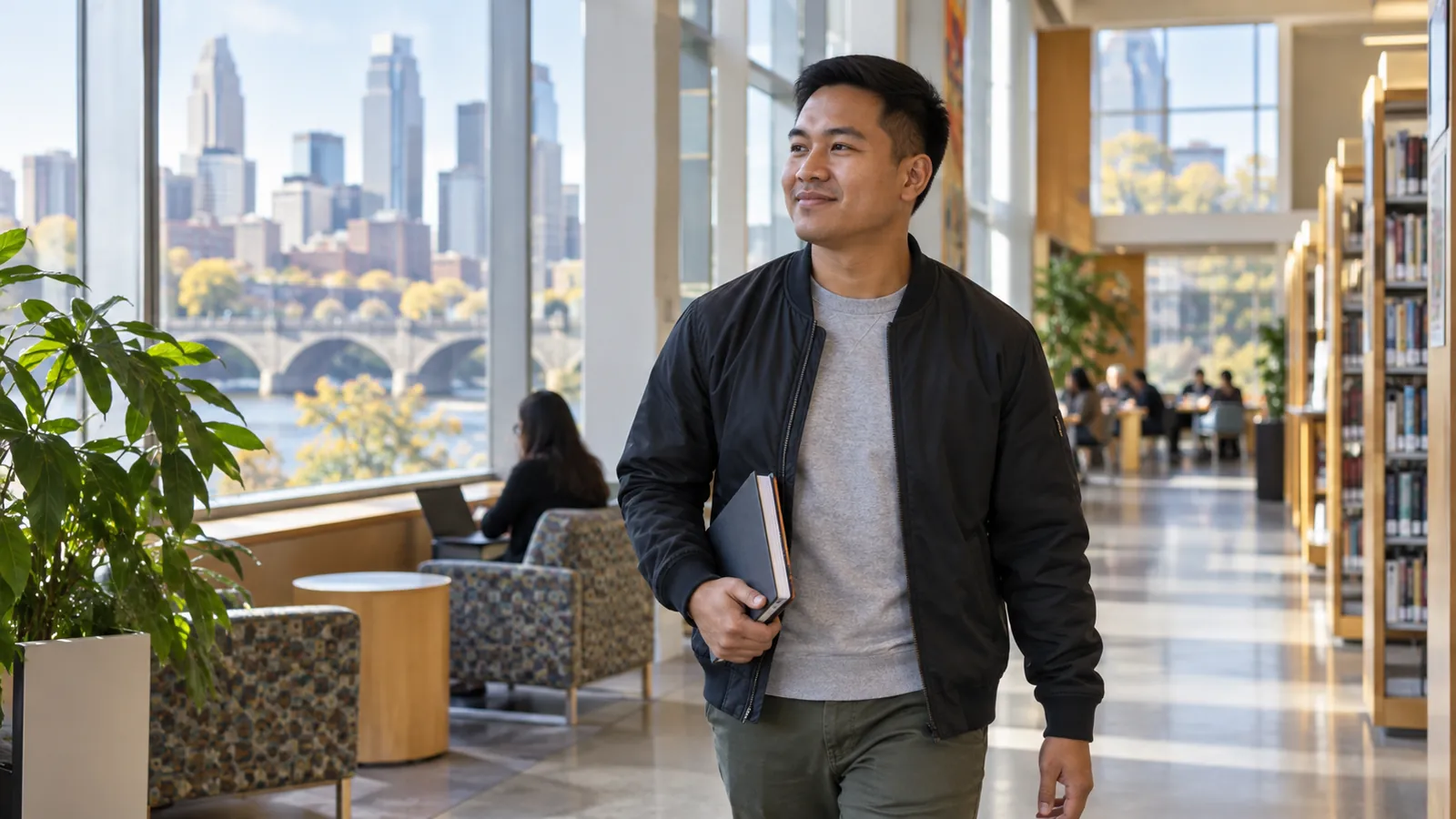 A professional walks through a public-service building with a folder.