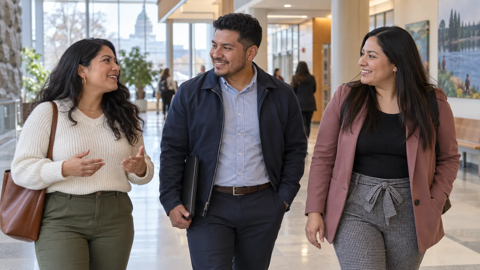 Three colleagues talk as they walk through a public-service atrium.