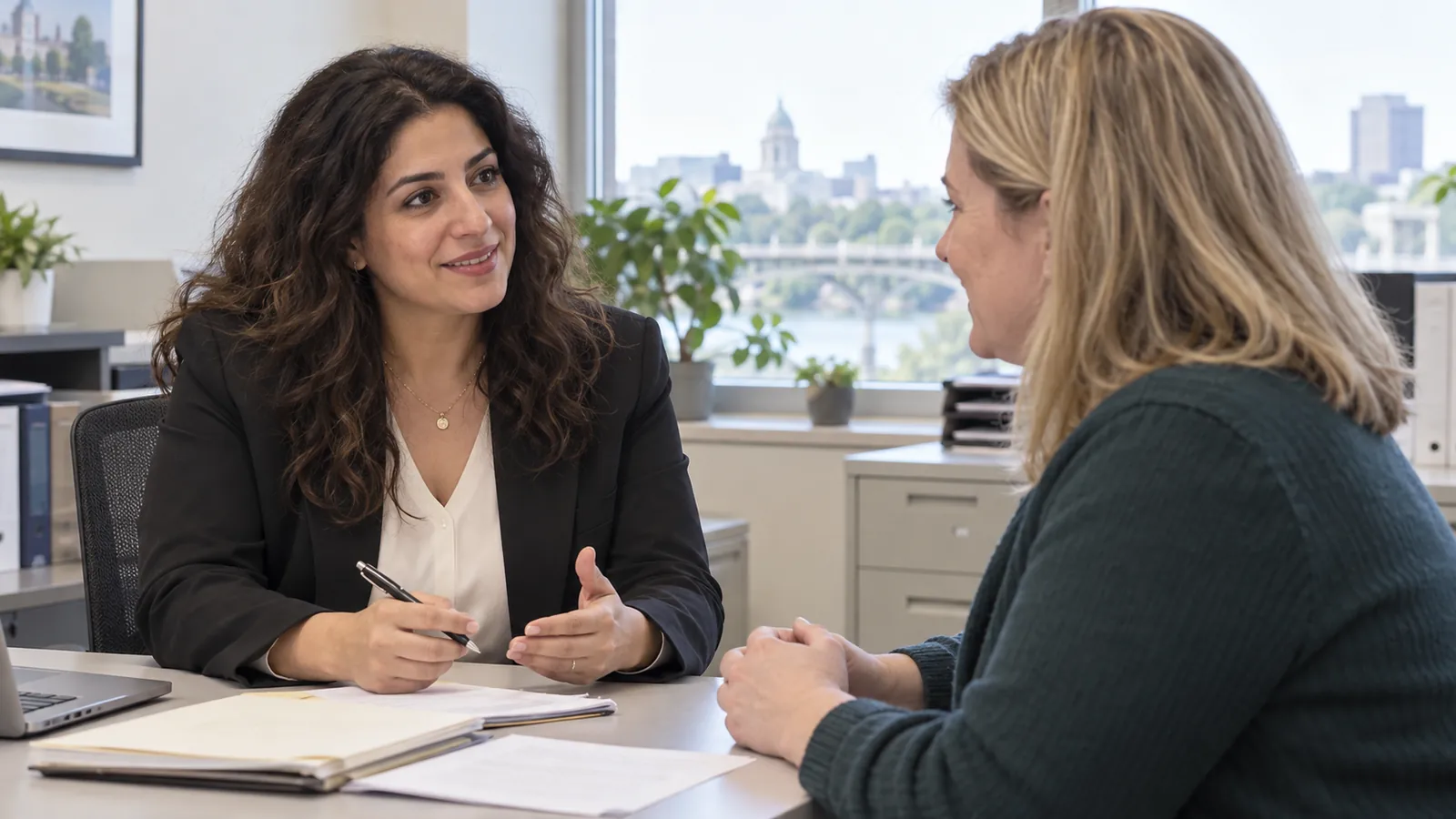 Two colleagues discuss a document in a neutral office setting.