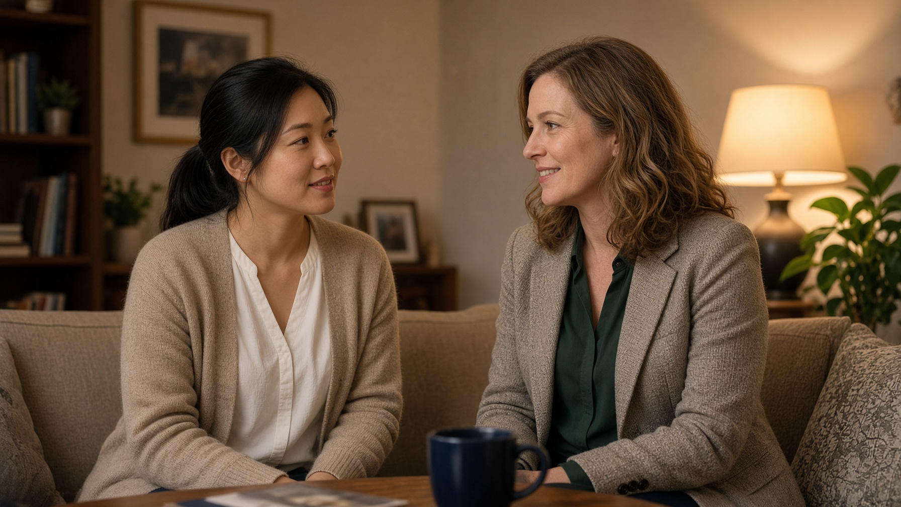 Two women colleagues talk in a modest living-room office.