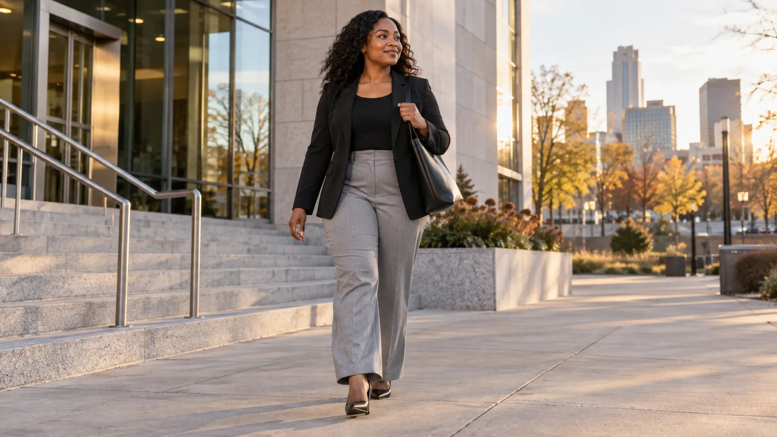 A professional walks beside a public-service building in the city.