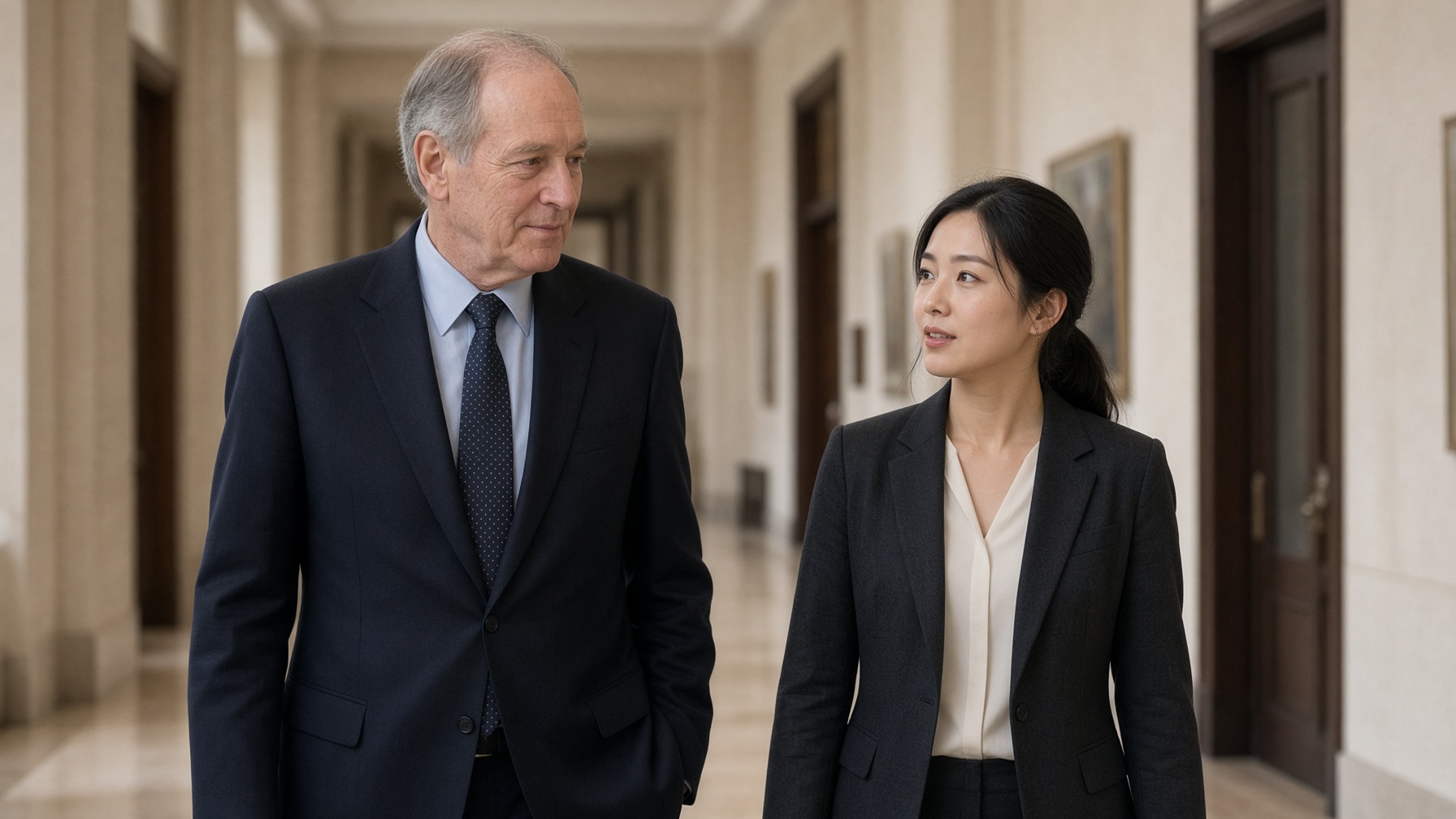 Two colleagues walk a government hallway talking.