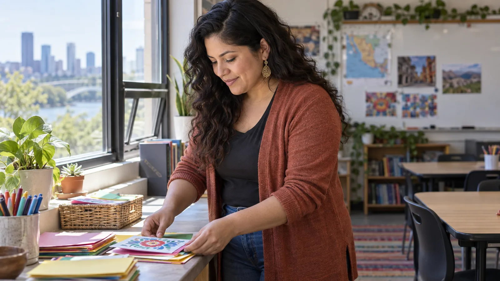 A professional arranges printed materials beside a window.