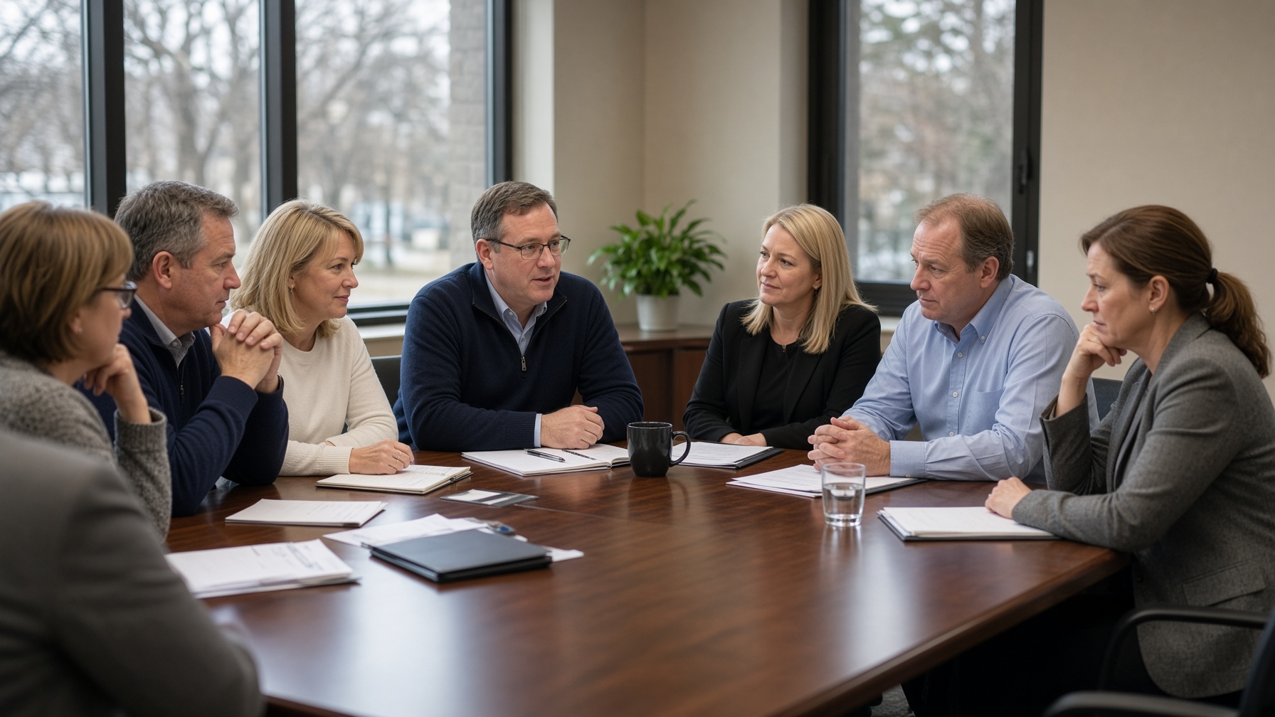 Staff sit around a conference table in a government meeting.