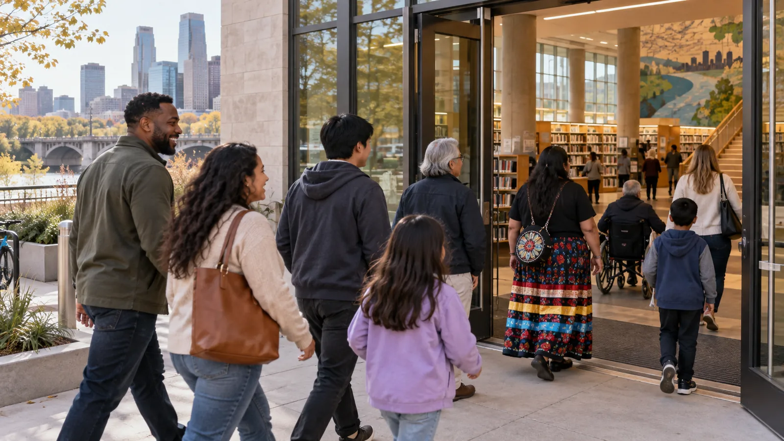 Neighbors of varied ages and backgrounds enter a Minnesota public library.