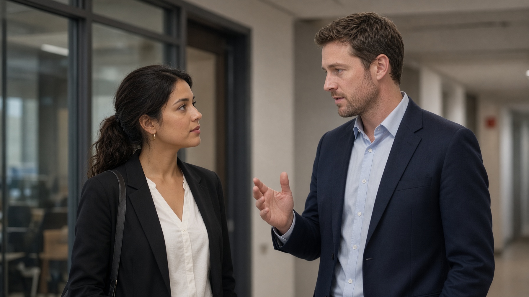 Two colleagues talk in a hallway outside a conference room.