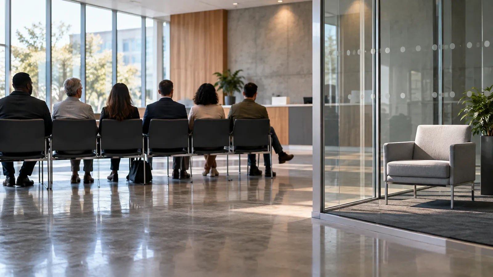 One chair sits apart from others in a public-service waiting area.