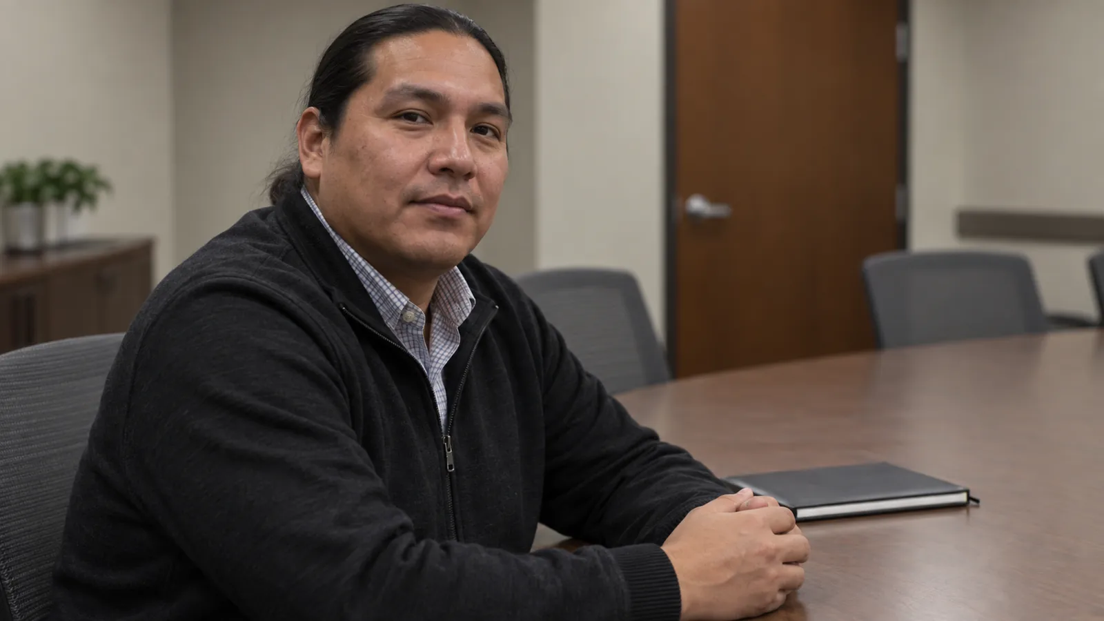 A Native professional sits in a contemporary community meeting room.