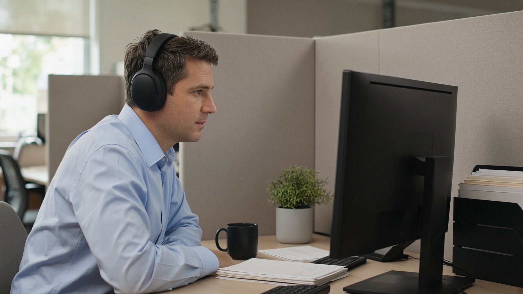 A man works quietly at a cubicle with headphones.
