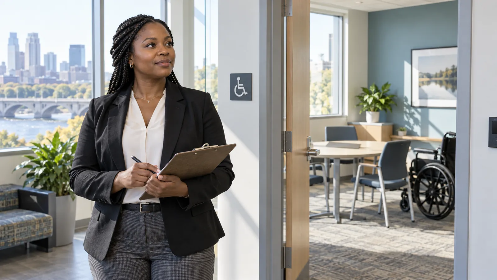 A professional stands with a clipboard near an accessible meeting room.