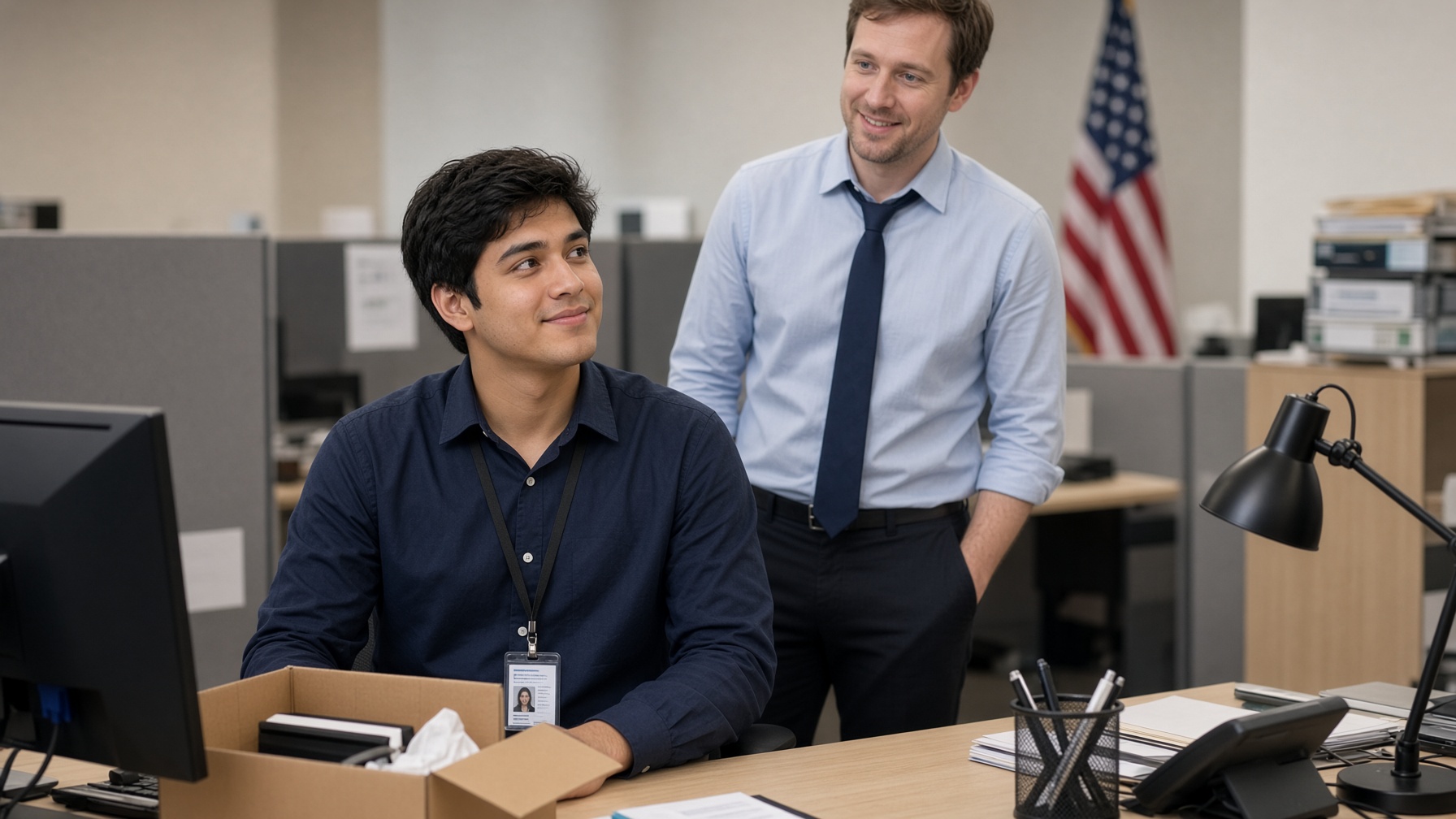 A new employee unpacks at a desk on the first day.