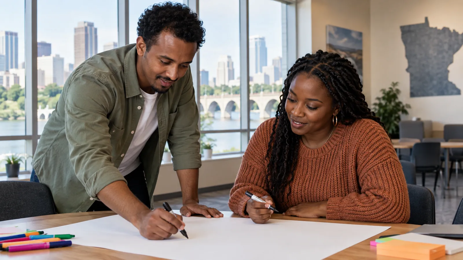 Two colleagues work together over a blank planning sheet.