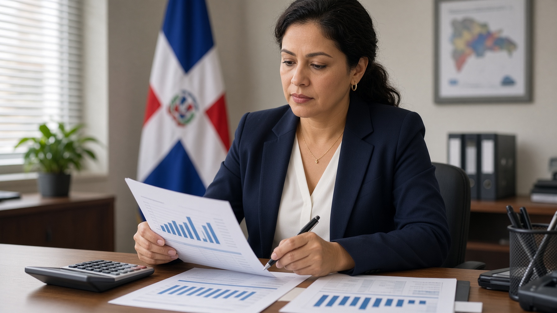 A woman reviews printed charts at a desk.