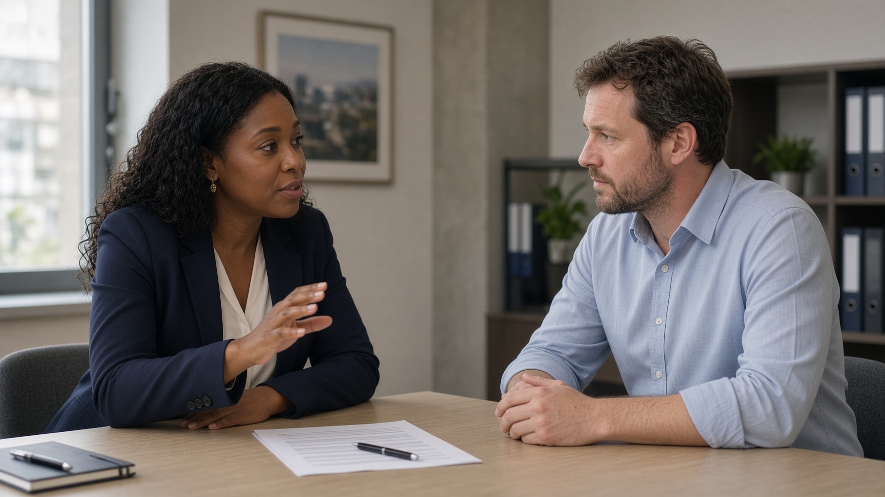 A supervisor and a staff member sit for a one-on-one.