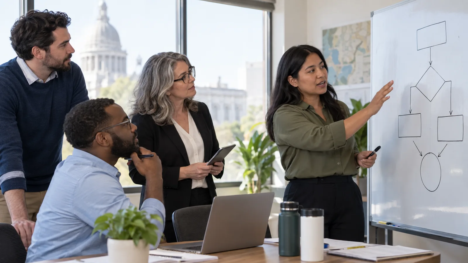 Photograph of colleagues in a scene of decision transparency.